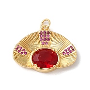 Rack Plating Brass Micro Pave Cubic Zirconia Pendants, with Glass crystal, Long-Lasting Plated, Lead Free & Cadmium Free, Fan, with Jump Ring, Dark Red, 17.5x22.5x5mm, Hole: 3mm(KK-U022-14G-01)