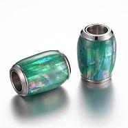 304 Stainless Steel Enamel Magnetic Clasps with Glue-in Ends, with Shell, Barrel, Medium Sea Green, 16x13~14mm, Hole: 6mm(STAS-P096-05)