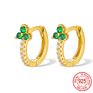 Real 18K Gold Plated 925 Sterling Silver Micro Pave Cubic Zirconia Hoop Earrings, Clover, Lime Green, 12x10x1mm(JU6681-3)