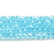 Transparent Electroplate Glass Beads Strands, Pearl Luster Plated, Faceted, Bicone, Light Sky Blue, 4x4mm, Hole: 0.8mm, about 87~98pcs/strand, 12.76~14.61 inch(32.4~37.1cm)(GLAA-F029-4mm-C20)