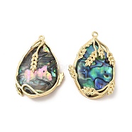Natural Paua Shell Pendants, Teardrop Charms with Leaf, with Brass Wire Wrapped, Real 14K Gold Plated, 32.5x22.5x7mm, Hole: 1.2mm(KK-I697-35G)