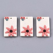 Handmade Polymer Clay Pendants, Rectangle with Flower, Old Lace & Pink, 29x18x5.5mm, Hole: 1.6mm(CLAY-N010-014)