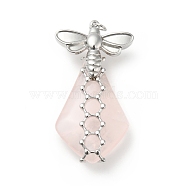 Natural Rose Quartz Pendants, Teardrop Charm, with Stainless Steel Color Plated 304 Stainless Steel Bee Findings, 35~40x18~21x8~10mm, Hole: 2.5mm(G-G870-02P)