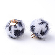 Handmade Plush Cloth Fabric Covered Charms, Round, with Brass Findings, Golden, White, 17.5~18x14.5~15mm, Hole: 1.5mm(WOVE-S082-14mm-02)