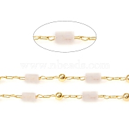 Handmade Natural Rose Quartz Beaded Chains, Real 18K Gold Plated Plated Brass Chains, Soldered, with Spool, Long-Lasting Plated, 4~5x2~2.5mm, Beads: 2mm, Link: 2x1x0.2mm and 2x1.5x0.2mm, about 32.8 Feet(10m)/roll(CHC-E021-01D)