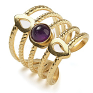 Natural Amethyst Finger Rings, Teardrop 304 Stainless Steel Multi-layer Open Cuff Rings, Real 18K Gold Plated, 24mm, Adjustable(RJEW-U027-08G-05)