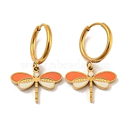 Golden 304 Stainless Steel Hoop Earrings, 316 Surgical Stainless Steel Enamel Dragonfly Drop Earrings, Dark Orange, 25x16mm(EJEW-G380-02G-02)