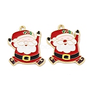 Christmas Theme Rack Plating Alloy Pendants, with Enamel, Cadmium Free & Nickel Free & Lead Free, Golden, Santa Claus, 27.5x24x1.5mm, Hole: 1.8~2mm(FIND-M020-04G-02)