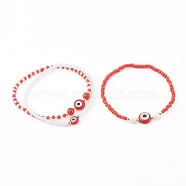 Glass Seed Beaded Stretch Bracelets, Stackable Bracelets, with Natural Pearl & Carnelian(Dyed & Heated) Beads and Evil Eye Lampwork Beads, Red, Inner Diameter: 2-1/8~2-1/4 inch(5.4~5.6cm), 3pcs/set(BJEW-JB05969-03)