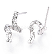 925 Sterling Silver Stud Earring Findings Micro Pave Cubic Zirconia, for Half Drilled Beads, with S925 Stamp, Wave, Real Platinum Plated, 12x9x1mm,Pin: 0.7×12mm(STER-T007-18P)