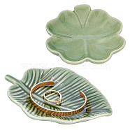 Elite 2Pcs 2 Style Leaf/Clover Pattern Porcelain Jewelry Plate, Storage Tray for Rings, Necklaces, Earring, Mixed Patterns, 91~143x86~101.5x20~23mm, Inner Diameter: 80~125x70~98mm, 1pc/style(AJEW-PH0018-08)