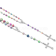 Rosary Bead Necklace, Alloy Crucifix Cross Pendant Necklace with Polymer Clay Round Beaded Chains for Women, Colorful, 19.69 inch(50cm)(RELI-PW0001-028A)