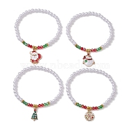 4Pcs 4 Styles Electroplate Glass & Imitated Pearl Acrylic Beaded Stretch Bracelet Sets, Christmas Tree & Santa Claus Alloy Enamel Charm Stackable Bracelets for Women, Mixed Shapes, Inner Diameter: 2-3/8 inch(6cm), about 1pc/style(BJEW-JB10415)