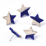 Resin & Wood Stud Earrings, with 304 Stainless Steel Pin, Star, Dark Blue, 17x18mm, Pin: 0.7mm(EJEW-N017-001A-C01)