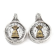 Brass Pendants, Buddhist Jewelry Findings for Counter Clips, Flat Round with Pagoda Charm, Antique Silver & Antique Golden, 24.5x17x5mm, Hole: 4.5mm(KK-Q800-22AS)