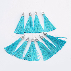 Nylon Tassels Big Pendant Decorations, with Antique Silver Alloy Findings, Sky Blue, 55~67x7mm, Hole: 2mm(X-STAS-F142-07K)