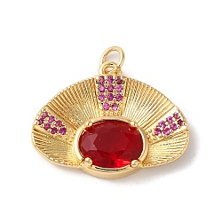 Rack Plating Brass Micro Pave Cubic Zirconia Pendants, with Glass crystal, Long-Lasting Plated, Lead Free & Cadmium Free, Fan, with Jump Ring, Dark Red, 17.5x22.5x5mm, Hole: 3mm(KK-U022-14G-01)