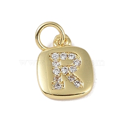 Rack Plating Brass Micro Pave CLear Cubic Zirconia Charms, with Jump Rings, Cadmium Free & Lead Free, Long-Lasting Plated, Real 18K Gold Plated, Letter R, 11.5x9x1.5mm, Hole: 2.8mm(KK-E110-14G-R)