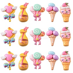 40Pcs 5 Styles Dessert Theme Opaque Resin Cabochons, Imitation Food, Heart & Bottle & Ice Cream & Candy Shape, Mixed Color, 31~36.5x17~30x6.5~8mm, 8pcs/style(RESI-CJ0003-03)
