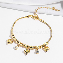 304 Stainless Steel & Rhinestone Charm Bracelets, Snake Chain Bracelets for Women, Heart & Flat Round, Golden, 7.09 inch(18cm)(WGA1E9B-01)