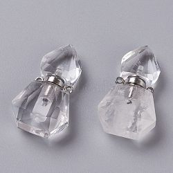 Hexagon Natural Quartz Crystal Perfume Bottle Pendants, Rock Crystal, with 304 Stainless Steel Findings, Faceted, Stainless Steel Color, 27~27.5x16~17x8mm, Hole: 1.4mm, Capacity: 0.1ml(0.00fl. oz)(G-H241-03E-P)