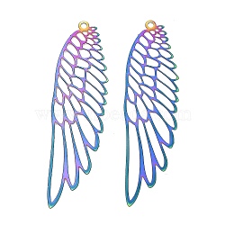 201 Stainless Steel Big Pendants, Etched Metal Embellishments, Wing Charm, Rainbow Color, 56.5x15.5x0.3mm, Hole: 1.6mm(STAS-I329-02RC)