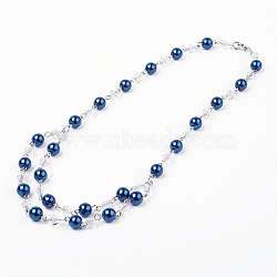 Glass Pearl Beads Tiered Necklaces, with Faceted Glass Beads, Brass Lobster Claw Clasps and Iron Eye Pin, Platinum, Medium Blue, 18.6 inch(47.3cm)(NJEW-JN01977-05)