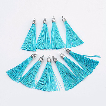 Nylon Tassels Big Pendant Decorations, with Antique Silver Alloy Findings, Sky Blue, 55~67x7mm, Hole: 2mm