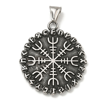 316 Surgical Stainless Steel Pendants, Flat Round, Antique Silver, Compass, 44.5x38.5x3mm, Hole: 4x8mm