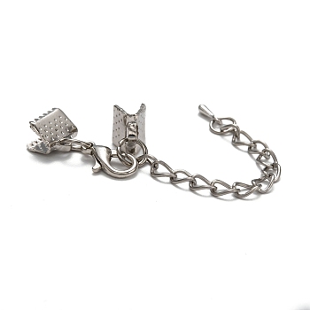 Iron Chain Extender, with Ribbon Ends, Alloy Lobster Claw Clasps and Teardrop Charms, Platinum, 33mm long, Lobster Claw Clasps: 12x7x3mm, Clip: 8x7.5mm, Chain Extender: 8x8x6mm.