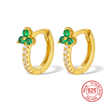 Real 18K Gold Plated 925 Sterling Silver Micro Pave Cubic Zirconia Hoop Earrings, Clover, Lime Green, 12x10x1mm