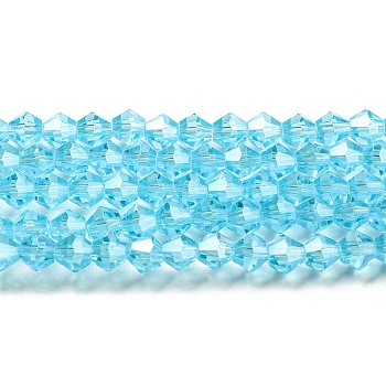 Transparent Electroplate Glass Beads Strands, Pearl Luster Plated, Faceted, Bicone, Light Sky Blue, 4x4mm, Hole: 0.8mm, about 87~98pcs/strand, 12.76~14.61 inch(32.4~37.1cm)