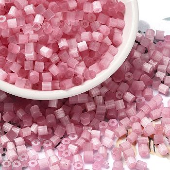 Glass Seed Beads, Imitation Cat Eye, Round Hole, Hexagon, Hot Pink, 3.5x3.8x3.5mm, Hole: 1mm, 409pcs/pound