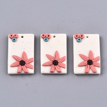 Handmade Polymer Clay Pendants, Rectangle with Flower, Old Lace & Pink, 29x18x5.5mm, Hole: 1.6mm