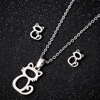 201 Stainless Steel Jewelry Set, Stud Earrings & Pendant Necklaces Sets, Cat Shape, Silver, 17.72 inch(450mm)