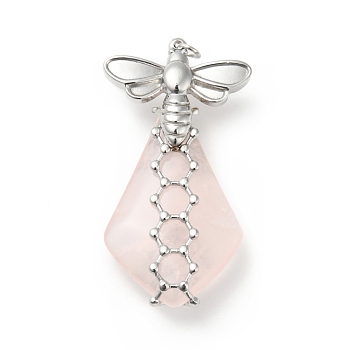 Natural Rose Quartz Pendants, Teardrop Charm, with Stainless Steel Color Plated 304 Stainless Steel Bee Findings, 35~40x18~21x8~10mm, Hole: 2.5mm