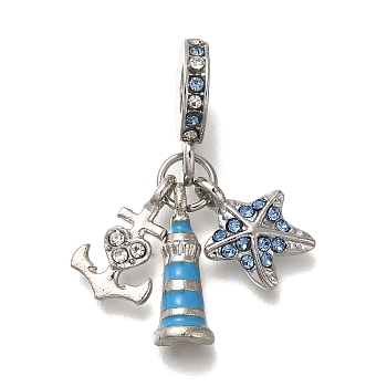 Rack Plating Alloy Rhinestone European Dangle Charms, Anchor & Starfish Large Hole Charms, Enamel Style, Platinum, 32mm, Hole: 5mm