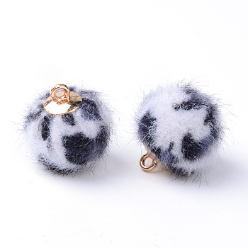 Handmade Plush Cloth Fabric Covered Charms, Round, with Brass Findings, Golden, White, 17.5~18x14.5~15mm, Hole: 1.5mm