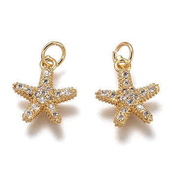 Brass Micro Pave Clear Cubic Zirconia Charms, Cadmium Free & Lead Free, Long-Lasting Plated, Starfish Shape, Golden, 13.5x11.5x3mm, Hole: 3mm
