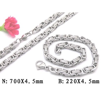 201 Stainless Steel Byzantine Chain Bracelet & Necklace Jewelry Sets, 220x4.5x4mm, 27.56 inch