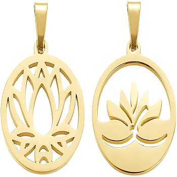BENECREAT 8Pcs 2 Style 304 Stainless Steel Pendants, Ring with Lotus, Golden, 19x16x1.5mm, Hole: 5mm, 4pcs/style