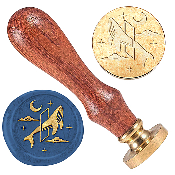 Wax Seal Stamp Set, 1Pc Golden Tone Sealing Wax Stamp Solid Brass Head, with 1Pc Wood Handle, for Envelopes Invitations, Gift Card, Whale, 83x22mm, Stamps: 25x14.5mm