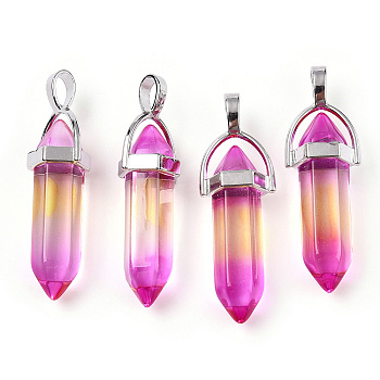 Faceted Bullet Glass Pointed Pendants, with Platinum Plated Alloy Findings, Orchid, Platinum, 41x13.5mm, Hole: 3.5mm