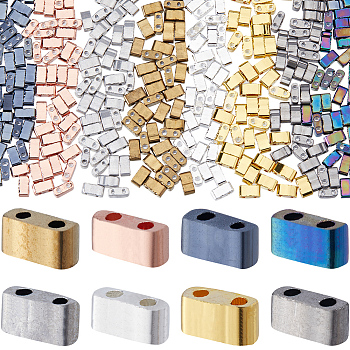 320Pcs 8 Colors Glass Seed Beads, Metallic Colours, 2-Hole, Rectangle, Mixed Color, 4.5~5.5x2x2~2.5mm, Hole: 0.5~0.8mm, 40Pcs/color