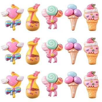 40Pcs 5 Styles Dessert Theme Opaque Resin Cabochons, Imitation Food, Heart & Bottle & Ice Cream & Candy Shape, Mixed Color, 31~36.5x17~30x6.5~8mm, 8pcs/style