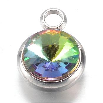 304 Stainless Steel Glass Rhinestone Charms, Faceted, Flat Round, Colorful, 14x10x7mm, Hole: 2.5mm