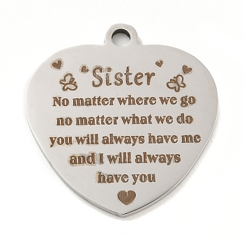 Non-Tarnish 201 Stainless Steel Pendants, Family Theme Message Charms, Heart with Word Charms, Stainless Steel Color, 30.5x29x2mm, Hole: 3mm