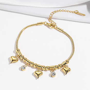 304 Stainless Steel & Rhinestone Charm Bracelets, Snake Chain Bracelets for Women, Heart & Flat Round, Golden, 7.09 inch(18cm)