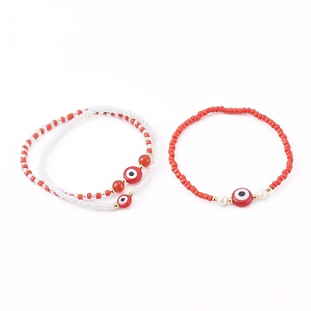 Glass Seed Beaded Stretch Bracelets, Stackable Bracelets, with Natural Pearl & Carnelian(Dyed & Heated) Beads and Evil Eye Lampwork Beads, Red, Inner Diameter: 2-1/8~2-1/4 inch(5.4~5.6cm), 3pcs/set