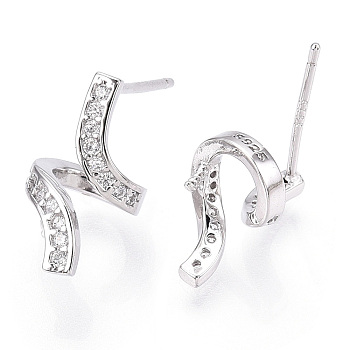 925 Sterling Silver Stud Earring Findings Micro Pave Cubic Zirconia, for Half Drilled Beads, with S925 Stamp, Wave, Real Platinum Plated, 12x9x1mm,Pin: 0.7×12mm